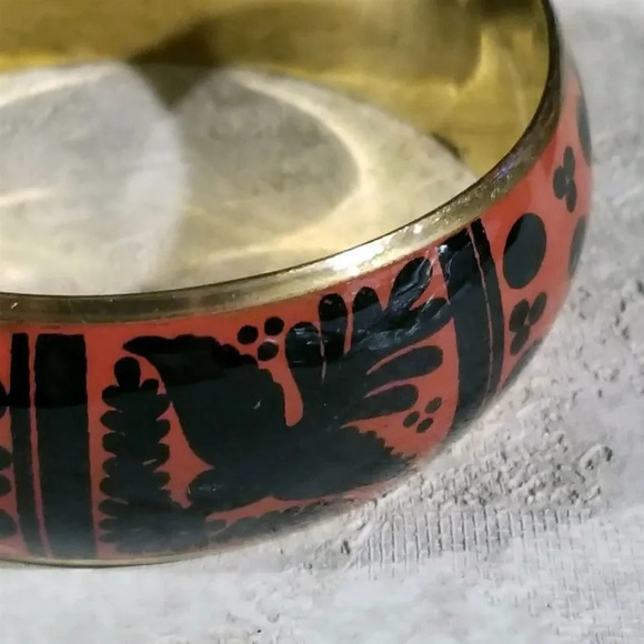 Brass India Bangle Bracelet Black Orange Red Peace Dove Olive Branch - Picture 6 of 6